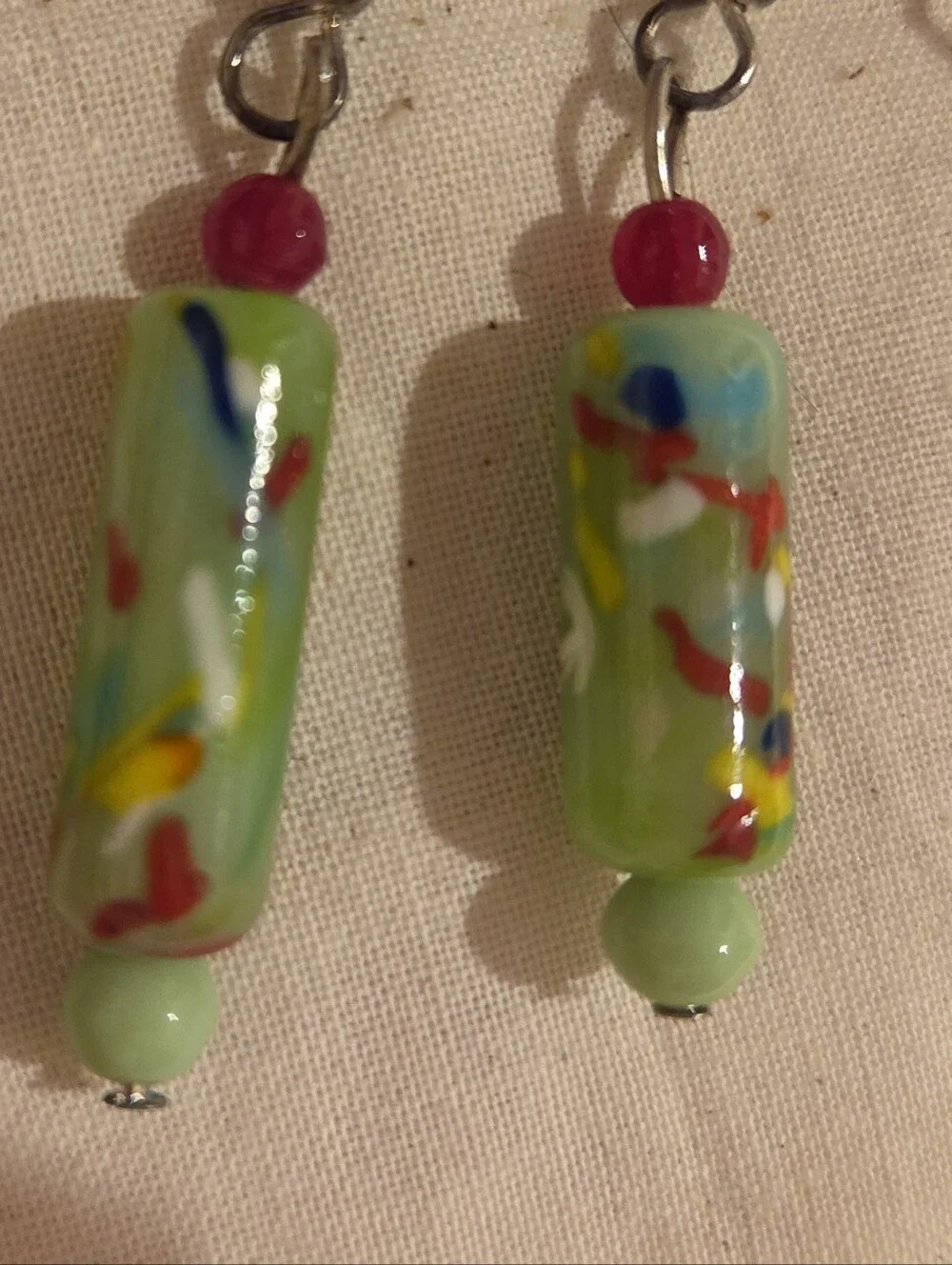 Vintage Handmade Light Green Glass Bead Necklace Pendant with Multicolor Accents